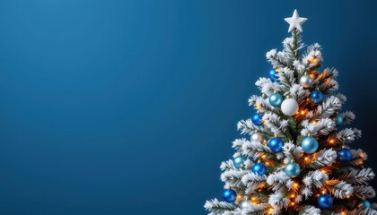Beautiful Christmas Tree with Blue Ornaments and Star on Blue Background for Holiday Decoration and Celebration