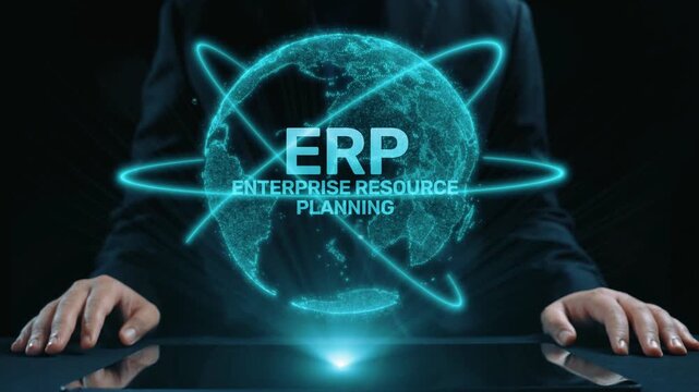 ERP platform visual showing centralized system for enterprise resource planning, improving integration, data flow, business efficiency, finance, inventory, and human resources. Elide