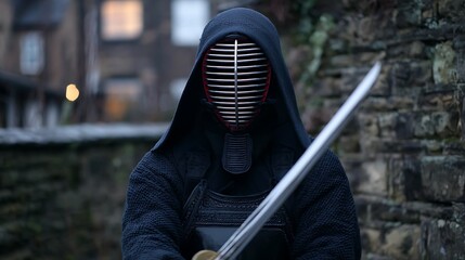 A person in a black hooded outfit holds a sword in front of an overcast town
