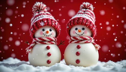 Charming Snowmen with Red Hats Standing in a Snowy Winter Wonderland with Falling Snowflakes
