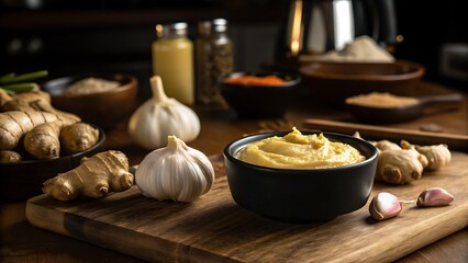 Garlic and ginger paste in a bowl on a wooden cutting board