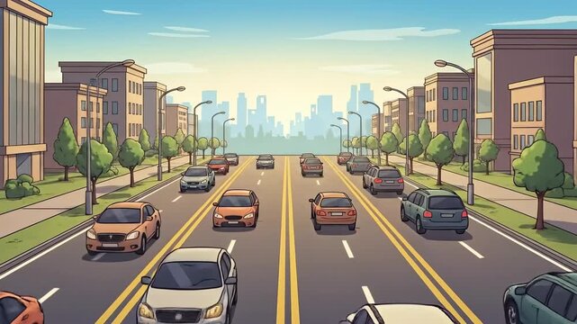 Busy City Street with Cars and Buildings, Urban Traffic Scene.
