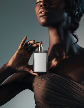 Close-up of stylish Black woman holding a rectangular perfume bottle against her chest, luxury fashion portrait