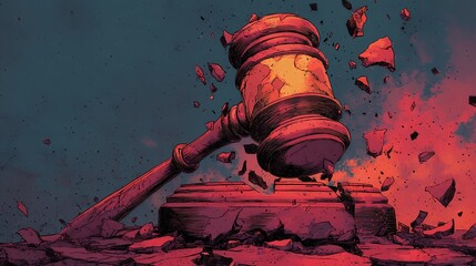 Hammer striking a pile of rubble with bold and dramatic tones creating a powerful impact