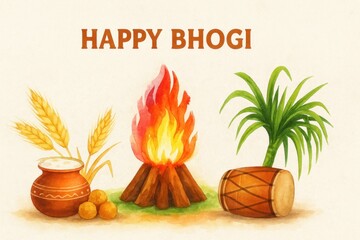 Happy bhogi watercolor card illustration.