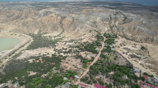 Aerial View of Dry Mountain Landscape and Rural Araya Village