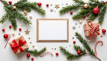 Festive Christmas Decorations with Greenery, Gifts, Ornaments, and Blank Card for Holiday Greetings or Invitations
