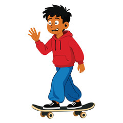 Character illustration of a cheerful boy performing various skateboarding poses. Ideal for animation, learning materials, posters, mobile apps, and creative projects focused on sports and youth activi