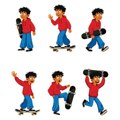 Character illustration of a cheerful boy performing various skateboarding poses. Ideal for animation, learning materials, posters, mobile apps, and creative projects focused on sports and youth activi