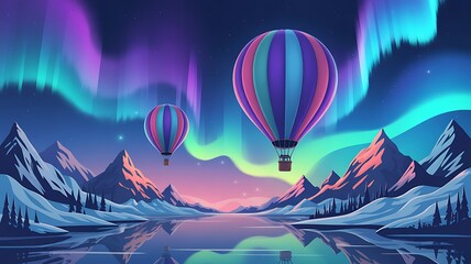 Two hot air balloons float under vibrant aurora borealis over snowy mountains northern lights