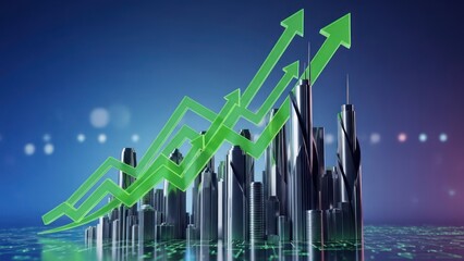 Cityscape growth with green arrows illustrating progress and financial development
