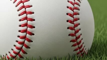 Close up of a baseball resting on green grass