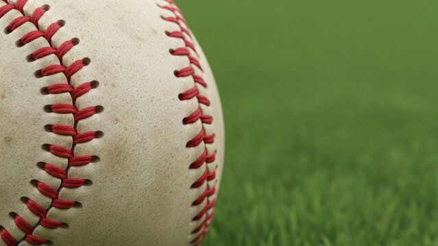Close up of a baseball with red stitching on green background