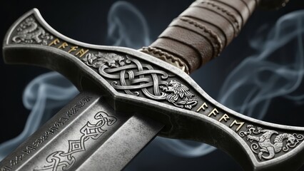 Close up of a decorative sword with ornate engravings and leather wrapped handle against a smoky background