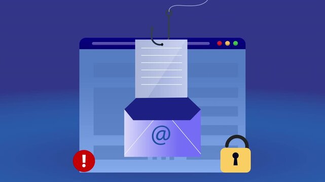 4K animation of phishing email concept. Warning notice for email stealing with fish hook. Beware of phishing attack. Cyber crime and online data thief.