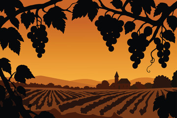 Fototapeta premium Grape vines silhouette frame vineyard field, church, and golden sunset.