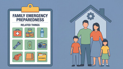 family emergency preparedness checklist illustration showing essential survival supplies including first aid kit food water flashlight battery radio documents with parents and children for disaster