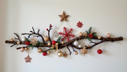 Festive Christmas Decoration with Branch, Ornaments, Snowflakes, and Star for Home Decor