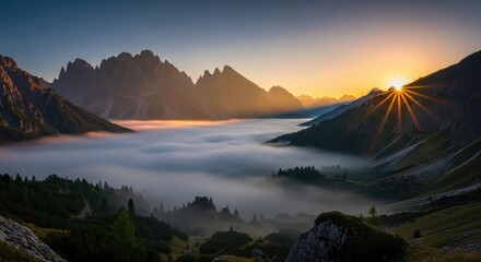 Sunrise over foggy valley with mountains and trees in the distance view