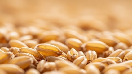 Close up of golden wheat grains macro food texture detail agriculture concept copy space backdrop