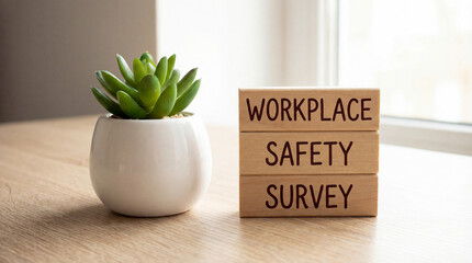 workplace safety survey text on wooden blocks beside office desk for employee health risk assessment occupational hazard evaluation and corporate wellness program feedback