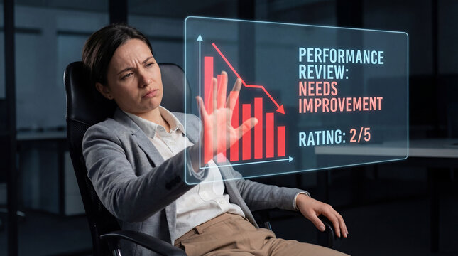 Businesswoman Viewing bad Performance Review Dashboard and Needs Improvement Status on Virtual Holographic Screen in Corporate Office