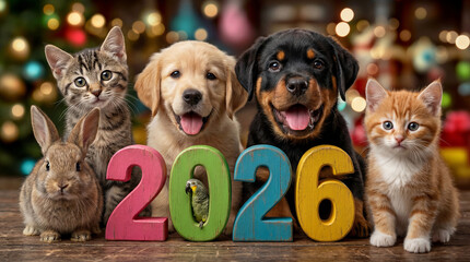 A group portrait of adorable pet animals celebrating the New Year 2026