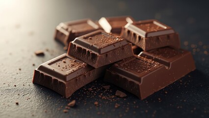 Close up of stacked chocolate pieces on a dark surface