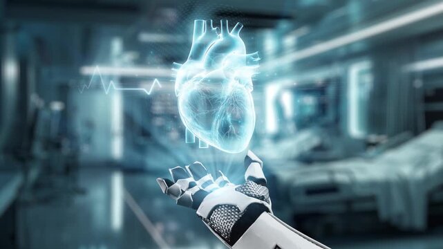 Close up of robot hand open palm of hand with heart hologram floating. Hand showing and holding heart holographic while connecting with medical data to diagnosis symptom. Genetic concept. Salubrious.
