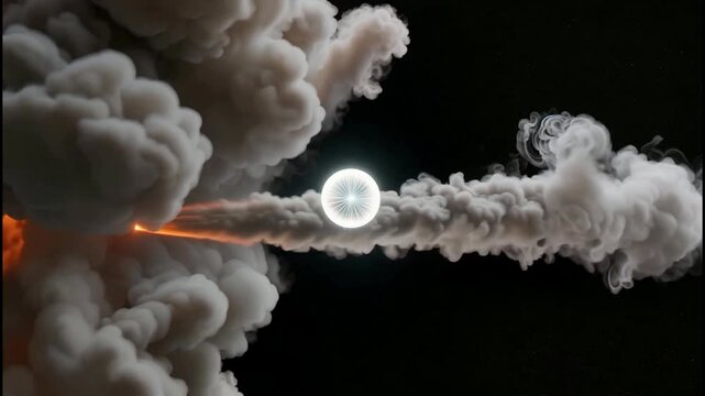 Intense fiery explosion with smoke trails and a glowing celestial orb in space