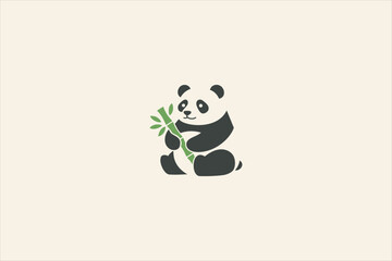 Cute minimalist vector of a panda sitting and holding green bamboo, set on a clean beige background. Ideal for logos, kids’ designs, and educational materials. © CRCS