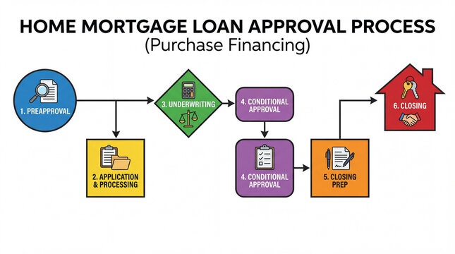  Home Mortgage Loan Approval Process Flowchart Diagram Illustrating Purchase Financing Steps from Preapproval Application Underwriting Conditional Approval to Final Closing
