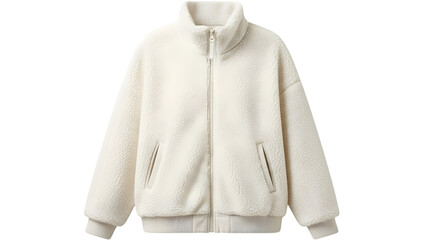 Cozy white faux fur fleece zipup jacket for women isolated on transparent background