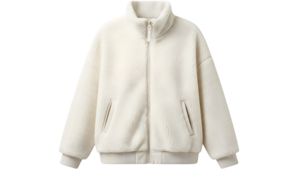 Cozy white faux fur fleece zipup jacket for women isolated on transparent background