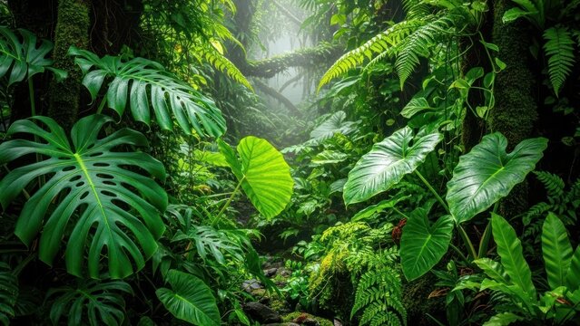 Dense tropical rainforest scene with lush green foliage and sunlight