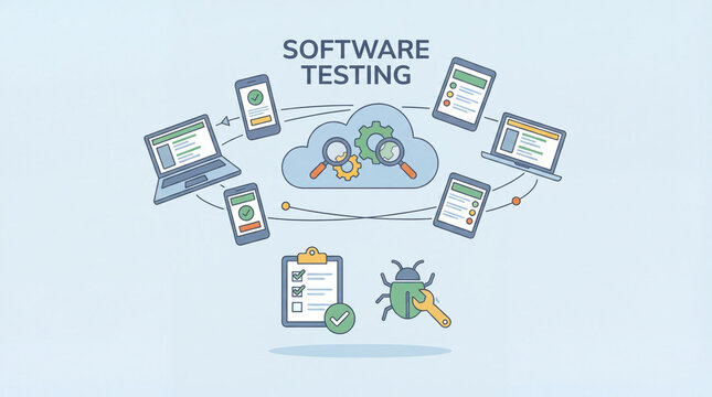 Software testing illustration with cloud computing devices laptops smartphones checklist and bug debugging for quality assurance development process workflow