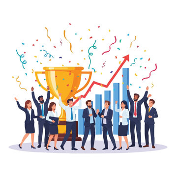 Illustration of a diverse group of business professionals celebrating with a large trophy and confetti in a colorful graphic design with a joyful mood.