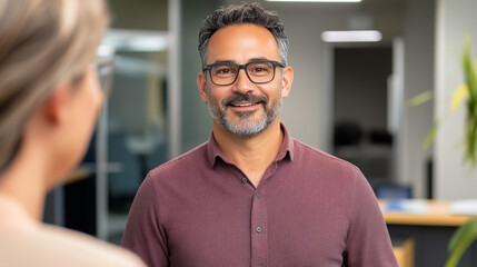 Friendly middle-aged man smiling while talking in modern office