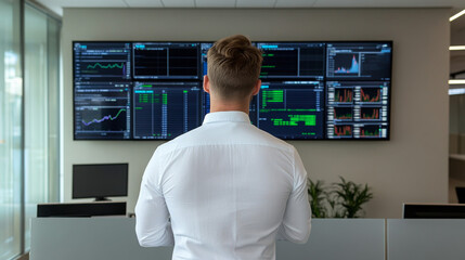 Young businessman reviewing financial data on screens in office