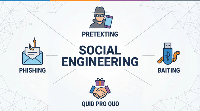 Social engineering attack methods diagram showing pretexting phishing baiting and quid pro quo tactics for cybersecurity threat awareness education