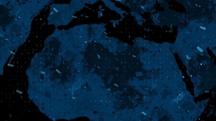 Blue Digital DNA Patterns on World Map Background with Abstract Data Overlay