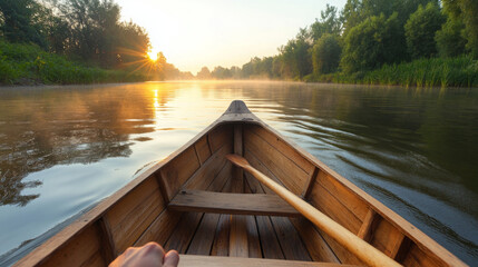 Person rowing a wooden boat on a tranquil lake at sunrise