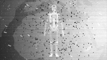 X-Ray Skeleton Display Amidst Binary Code and Abstract Particles