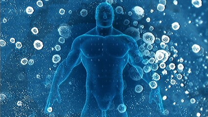 Digital Human Silhouette Surrounded by Blue Microorganisms Artistic Design