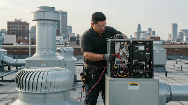 HVAC technician working on rooftop unit with city skyline background