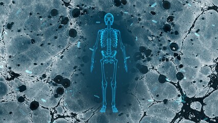 Futuristic X-Ray Skeleton on Abstract Cosmic Background with Blue Texture