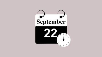 September month 22 date calendar Page with Clock Icon animation on black Background. Digital calendar month concept design.