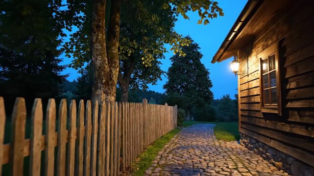 Rural Cottage at Twilight - This video showcases a charming rural cottage with a cobblestone path leading up to it.