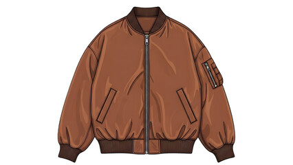 Brown bomber jacket illustration with zipper and ribbed cuffs isolated on transparent background