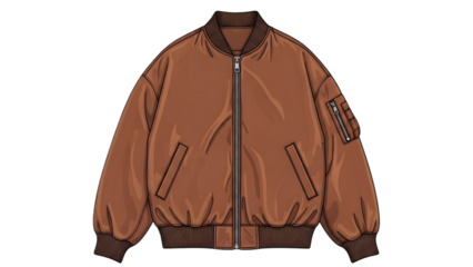 Brown bomber jacket illustration with zipper and ribbed cuffs isolated on transparent background